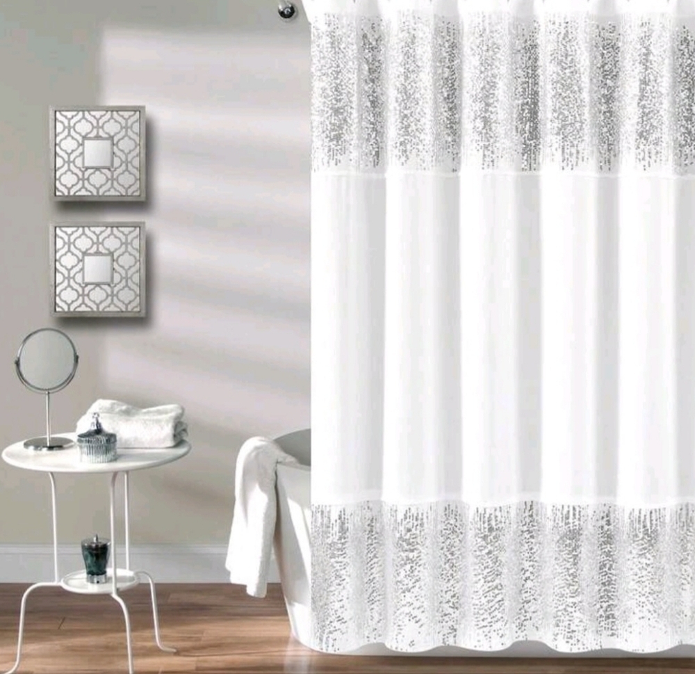 Luxurious White and Silver Sequin Shower Curtain